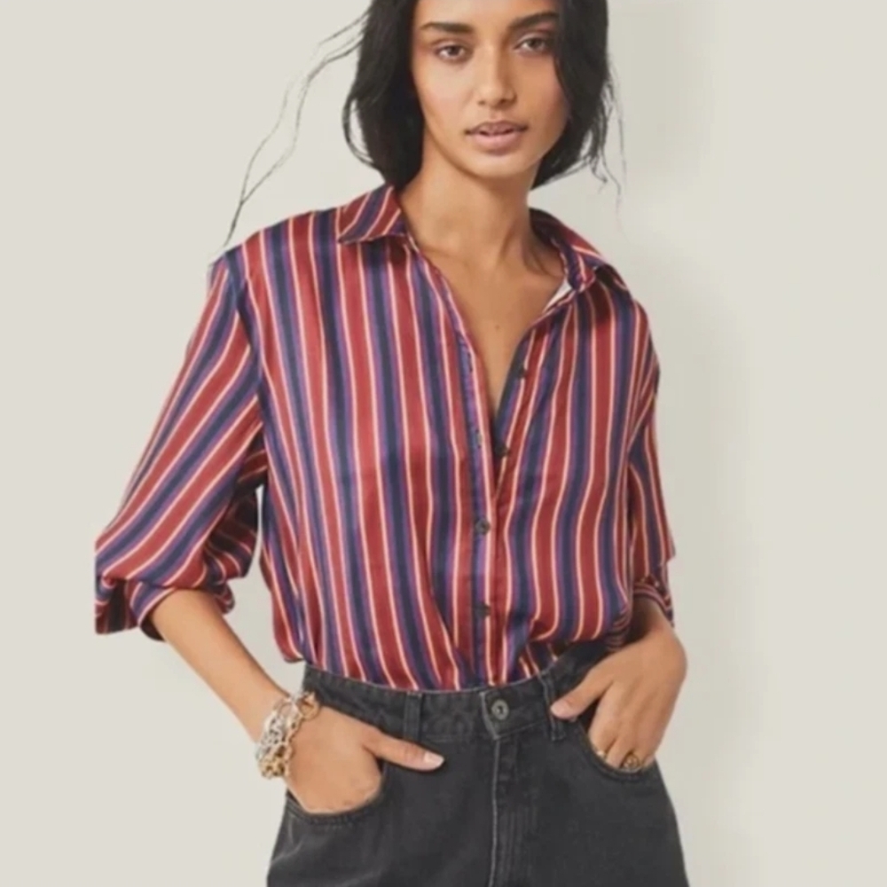 FREE PEOPLE Red and Blue Cuffed Sleeve Button Down Shirt
